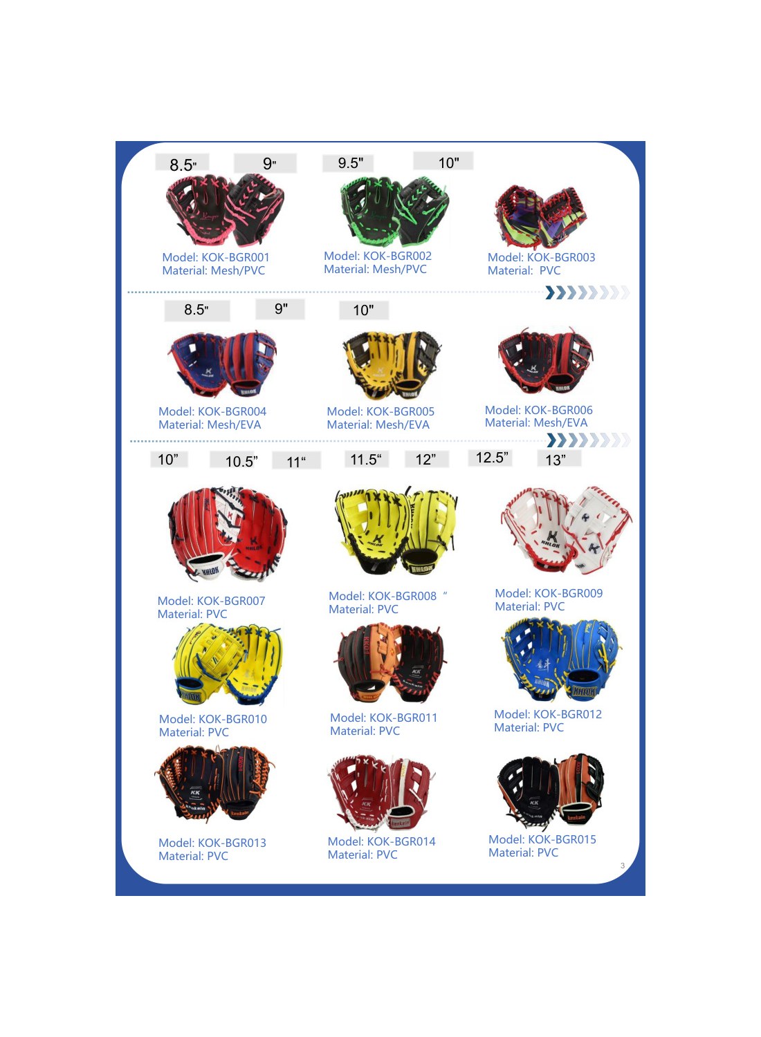 Synthetic leather baseball glove catalog page
